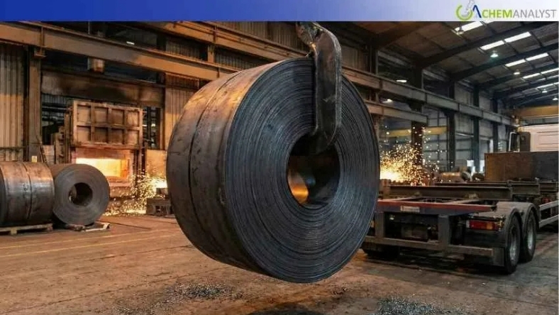 Large steel coil lifted inside an industrial steel manufacturing facility